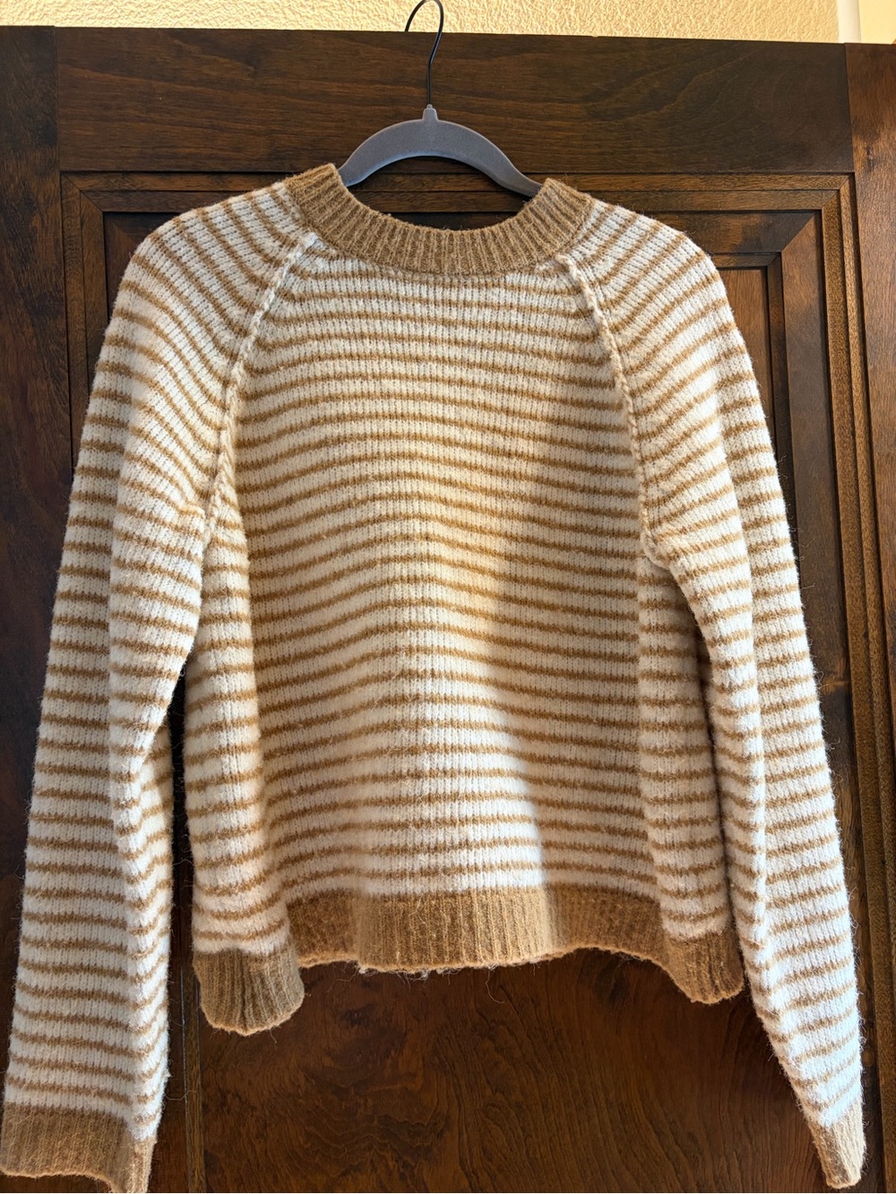 American Eagle Outfitters Cream and Tan Striped Crewneck Sweater